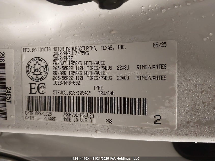 2025 Toyota Tundra Hybrid Capstone 4X4 VIN: 5TFVC5DB1SX105419 Lot: 12414445X