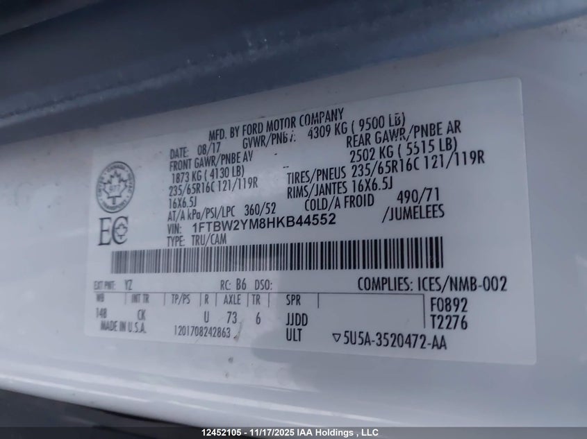 2017 Ford Transit-350 VIN: 1FTBW2YM8HKB44552 Lot: 12452105X