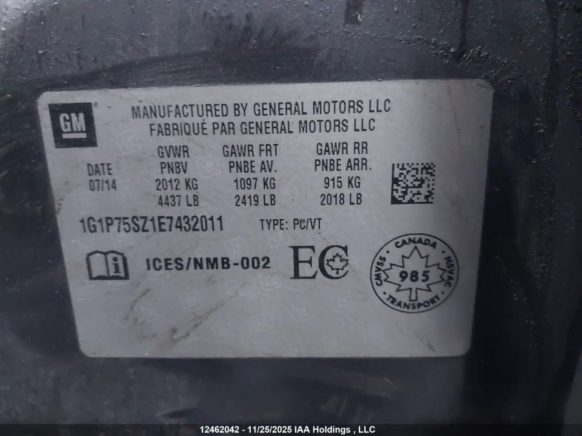 2014 Chevrolet Cruze VIN: 1G1P75SZ1E7432011 Lot: 12462042