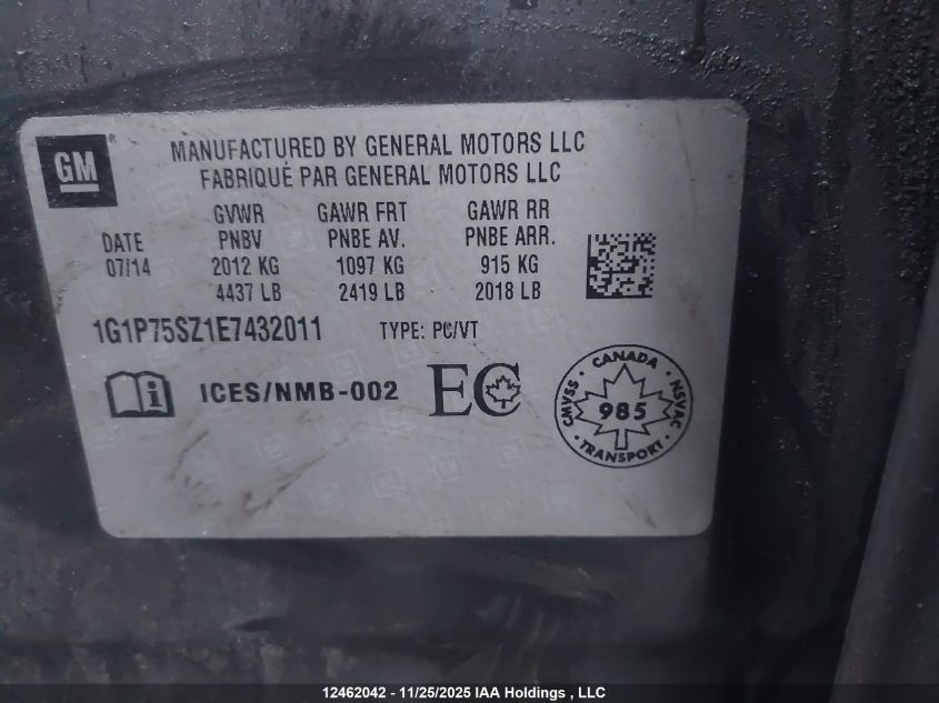 2014 Chevrolet Cruze VIN: 1G1P75SZ1E7432011 Lot: 12462042