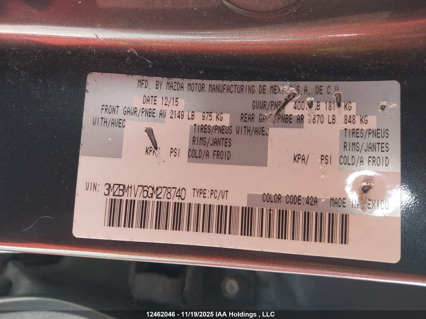 2016 Mazda Mazda3 Gs VIN: 3MZBM1V76GM278740 Lot: 12462046