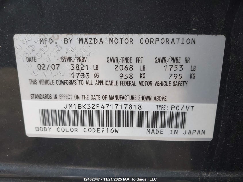 2007 Mazda 3 I VIN: JM1BK32F471717818 Lot: 12462047
