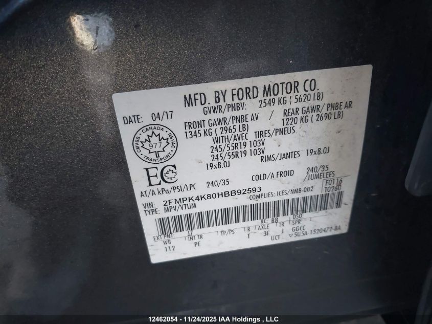 2017 Ford Edge Titanium VIN: 2FMPK4K80HBB92593 Lot: 12462054