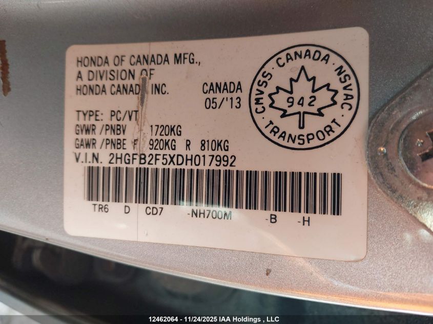 2013 Honda Civic Ex VIN: 2HGFB2F5XDH017992 Lot: 12462064