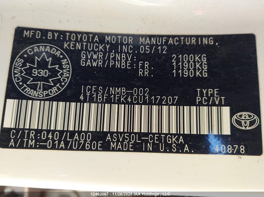 2012 Toyota Camry Xle VIN: 4T1BF1FK4CU117207 Lot: 12462067