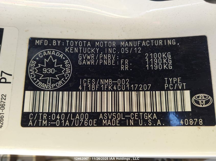 2012 Toyota Camry Xle VIN: 4T1BF1FK4CU117207 Lot: 12462067