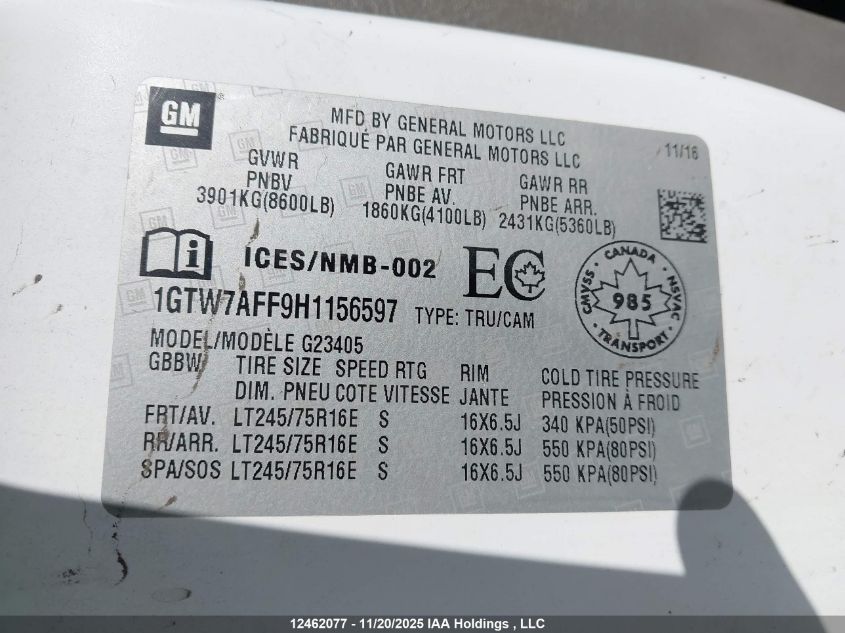 2017 GMC Savana G2500 VIN: 1GTW7AFF9H1156597 Lot: 12462077