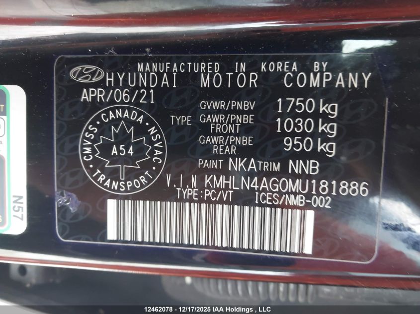 2021 Hyundai Elantra VIN: KMHLN4AG0MU181886 Lot: 12462078