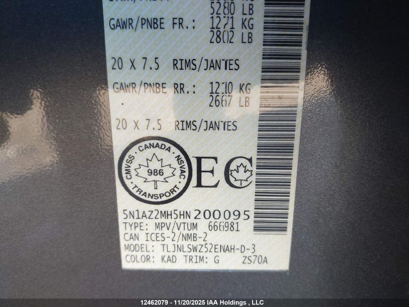 2017 Nissan Murano Platinum/Sl/Sv VIN: 5N1AZ2MH5HN200095 Lot: 12462079