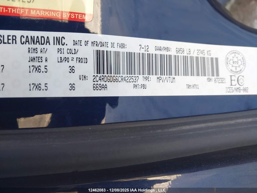 2C4RDGDG6CR422537 2012 DODGE CARAVAN photo no. 9