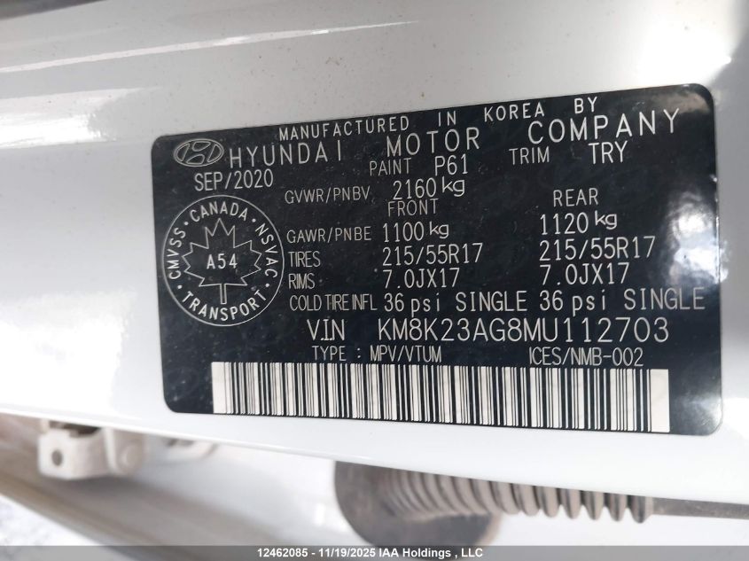 2021 Hyundai Kona Electric Preferred With Two-Tone Roof VIN: KM8K23AG8MU112703 Lot: 12462085