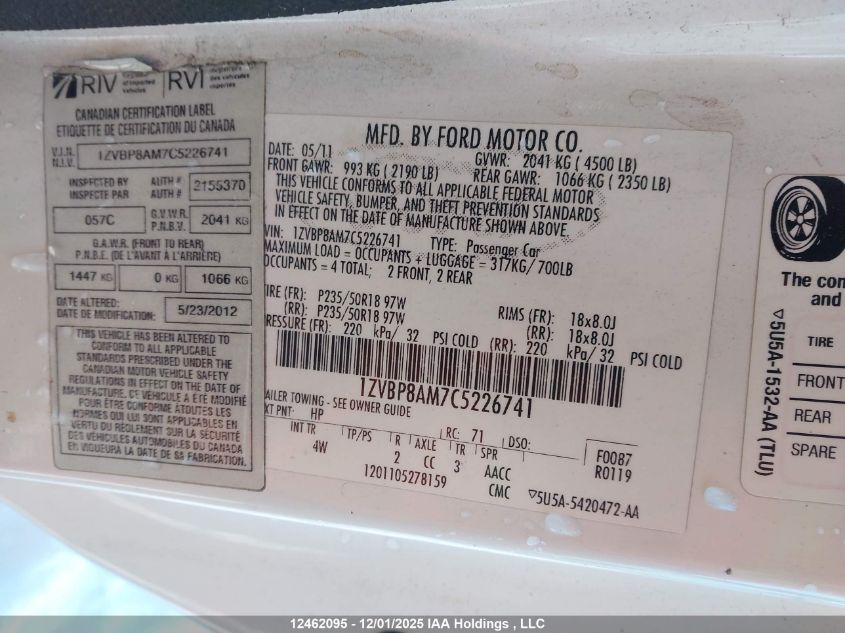 2012 Ford Mustang V6 Premium VIN: 1ZVBP8AM7C5226741 Lot: 12462095