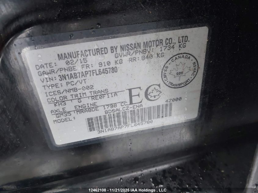 2015 Nissan Sentra VIN: 3N1AB7AP7FL645780 Lot: 12462108