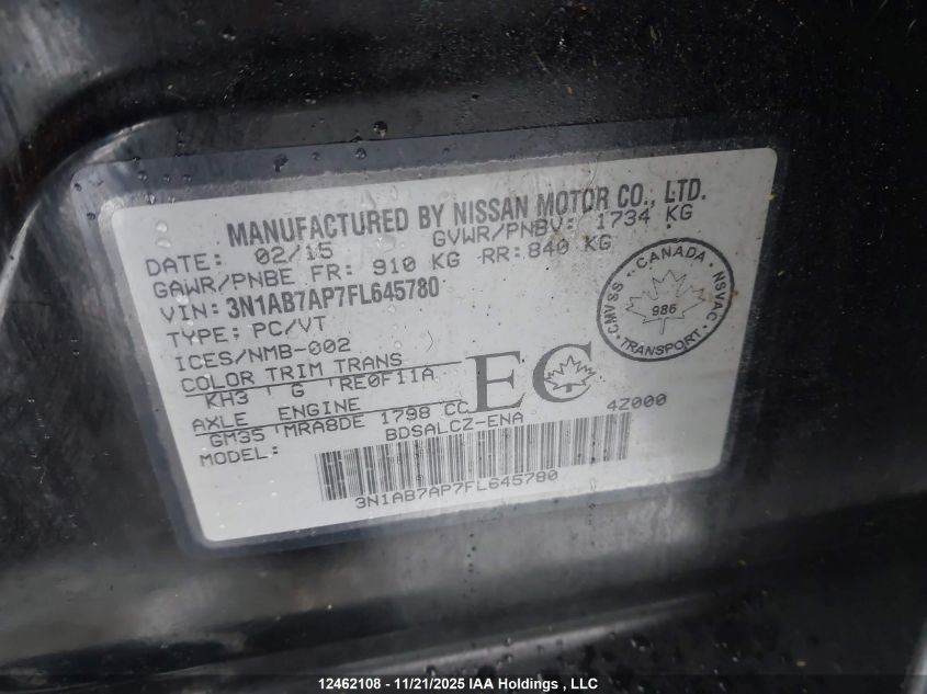 2015 Nissan Sentra VIN: 3N1AB7AP7FL645780 Lot: 12462108