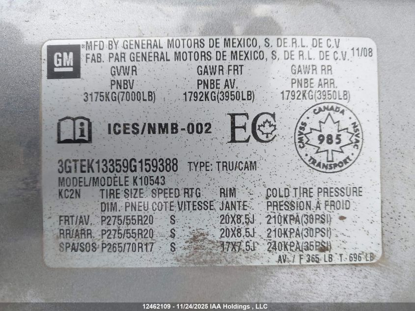 2009 GMC Sierra K1500 VIN: 3GTEK13359G159388 Lot: 12462109