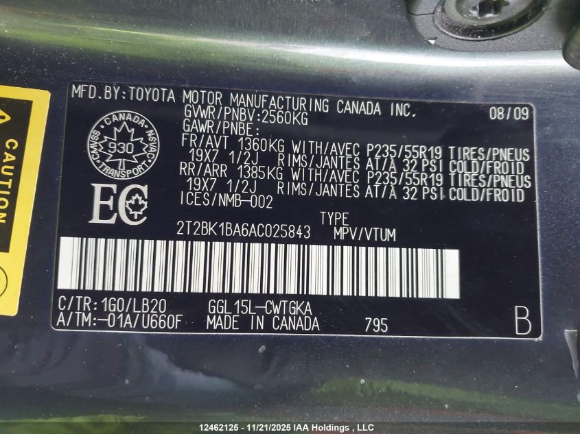 2010 Lexus Rx 350 VIN: 2T2BK1BA6AC025843 Lot: 12462125