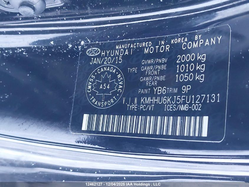 2015 Hyundai Genesis Coupe 3.8L/3.8 R-Spec/3.8 Ult VIN: KMHHU6KJ5FU127131 Lot: 12462127