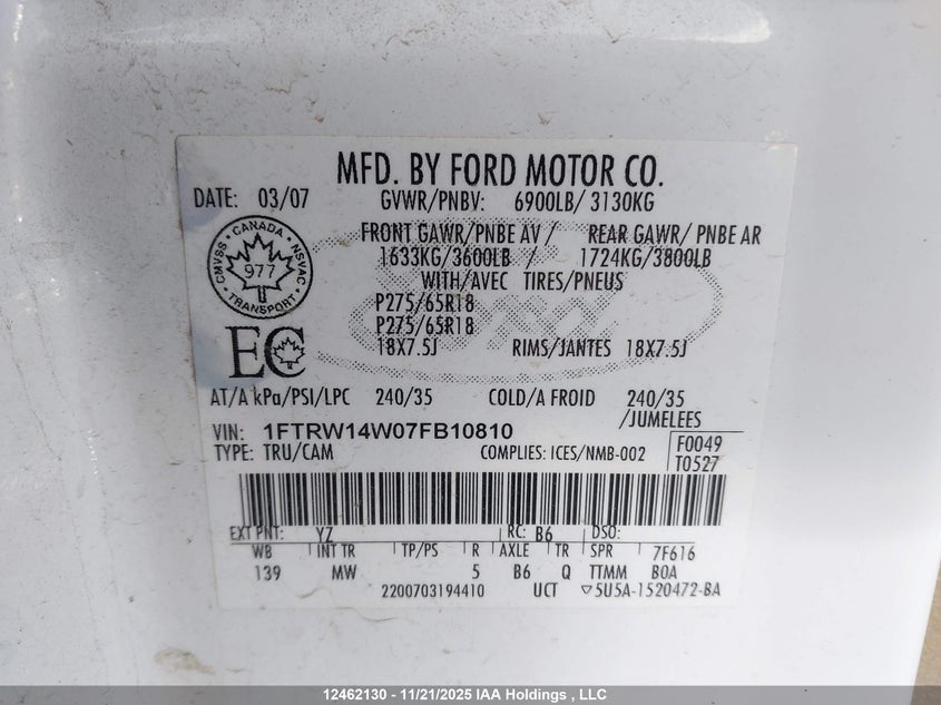 1FTRW14W07FB10810 2007 FORD F-150 photo no. 9