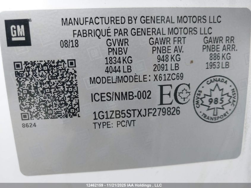 2018 Chevrolet Malibu Ls VIN: 1G1ZB5STXJF279826 Lot: 12462159