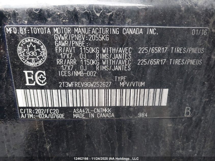 2016 Toyota Rav4 Xle VIN: 2T3WFREV9GW252627 Lot: 12462166