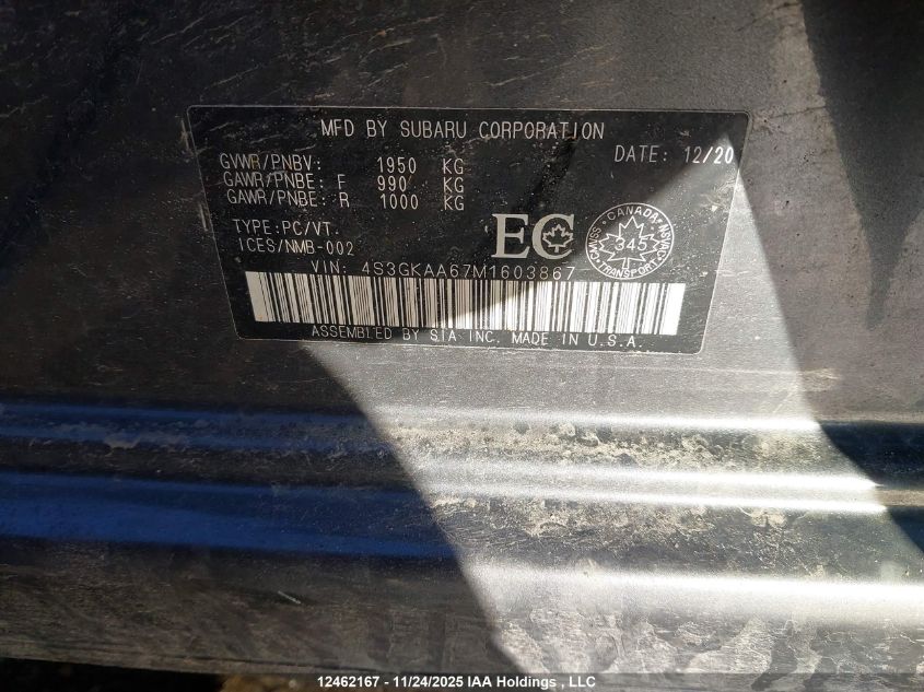 2021 Subaru Impreza VIN: 4S3GKAA67M1603867 Lot: 12462167