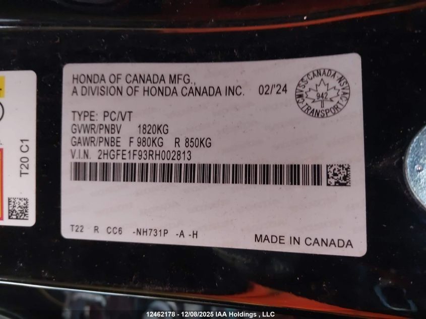 2024 Honda Civic Touring VIN: 2HGFE1F93RH002813 Lot: 12462178