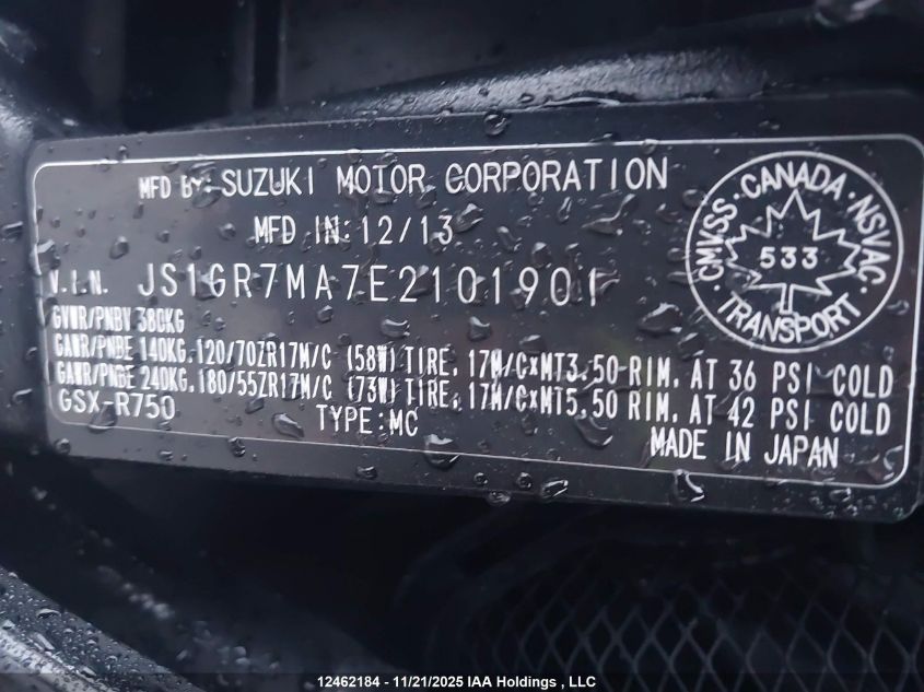 2014 Suzuki Gsx-R750 VIN: JS1GR7MA7E2101901 Lot: 12462184