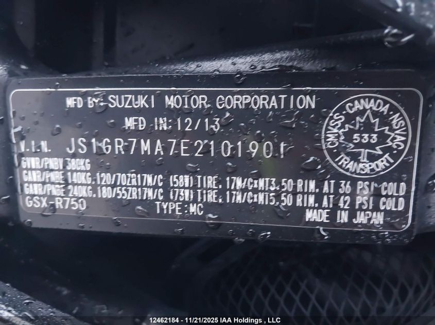 2014 Suzuki Gsx-R750 VIN: JS1GR7MA7E2101901 Lot: 12462184