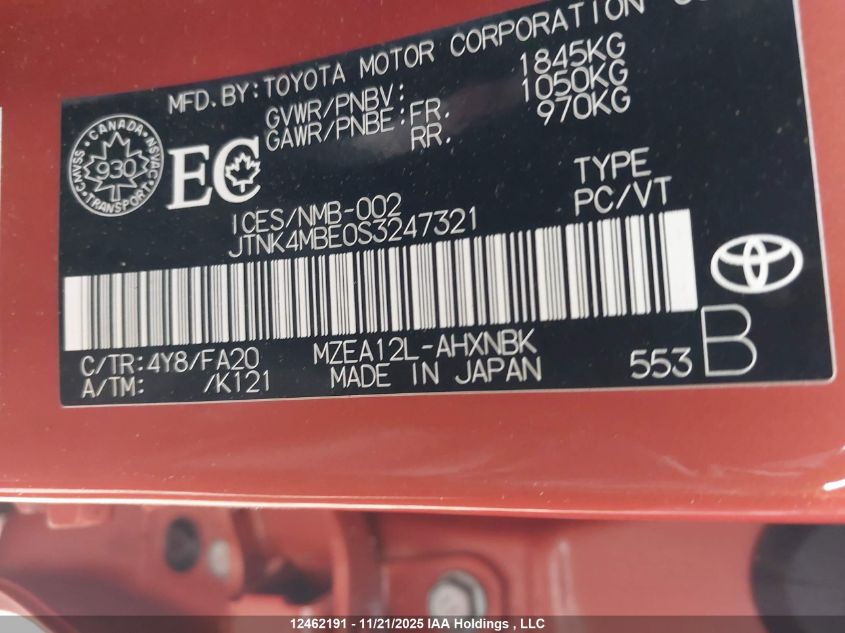 2025 Toyota Corolla VIN: JTNK4MBE0S3247321 Lot: 12462191