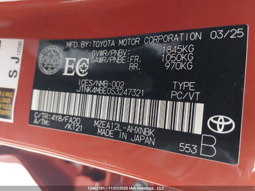 2025 Toyota Corolla VIN: JTNK4MBE0S3247321 Lot: 12462191