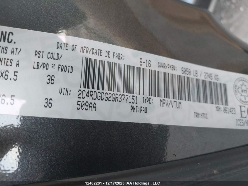 2016 Dodge Grand Caravan Crew VIN: 2C4RDGDG2GR377151 Lot: 12462201