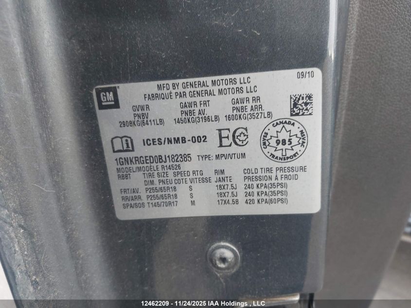 2011 Chevrolet Traverse 1Lt VIN: 1GNKRGED0BJ182385 Lot: 12462209
