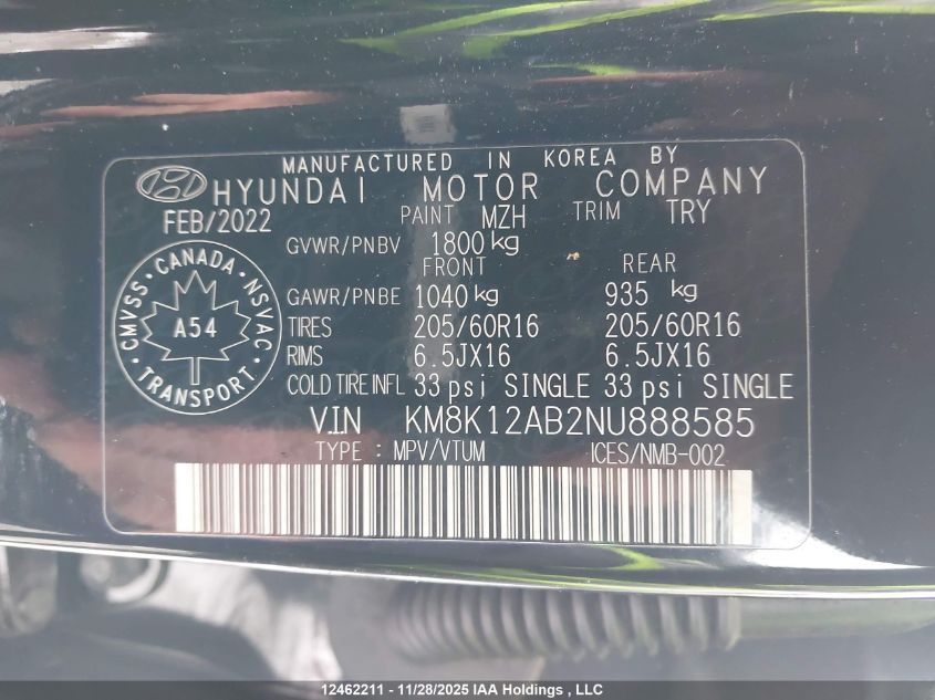 2022 Hyundai Kona Se VIN: KM8K12AB2NU888585 Lot: 12462211