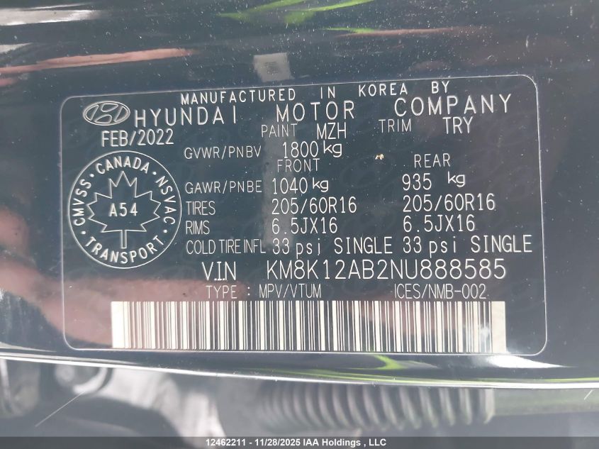2022 Hyundai Kona Se VIN: KM8K12AB2NU888585 Lot: 12462211