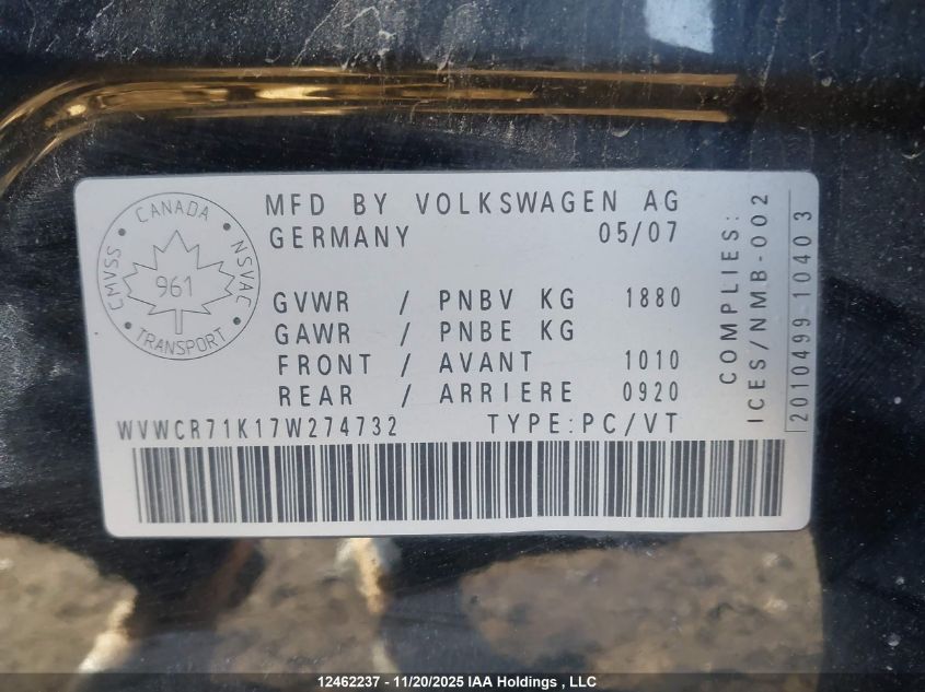 2007 Volkswagen Rabbit VIN: WVWCR71K17W274732 Lot: 12462237