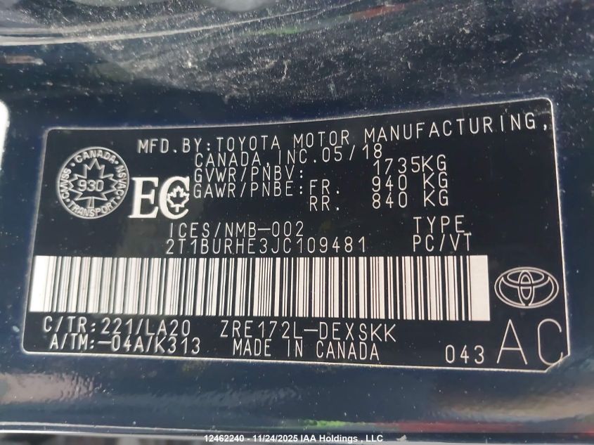 2018 Toyota Corolla Se VIN: 2T1BURHE3JC109481 Lot: 12462240
