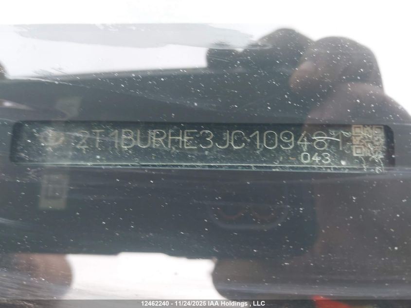 2018 Toyota Corolla Se VIN: 2T1BURHE3JC109481 Lot: 12462240