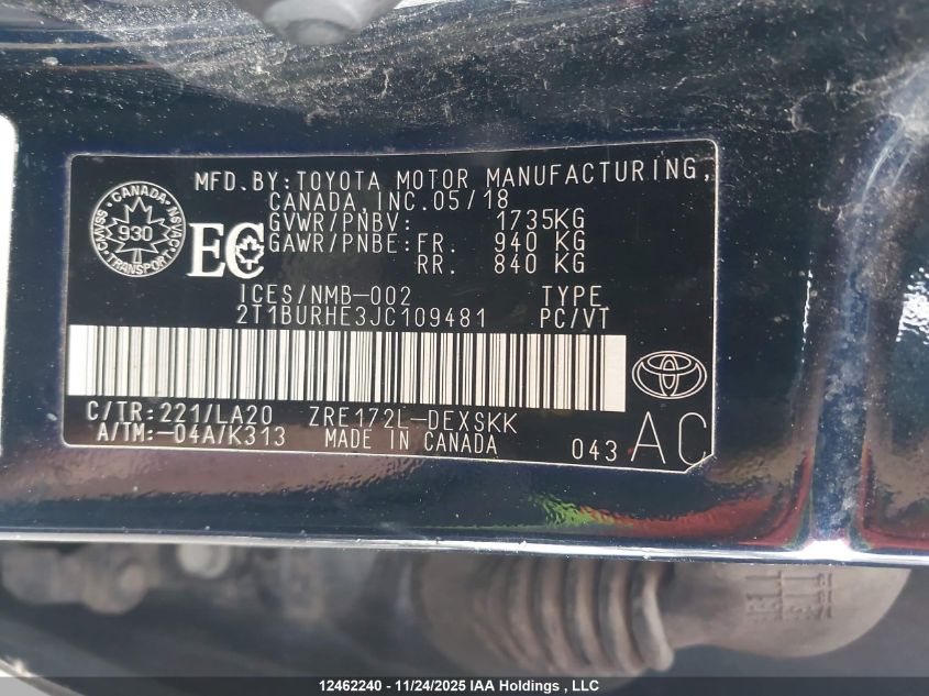 2018 Toyota Corolla Se VIN: 2T1BURHE3JC109481 Lot: 12462240