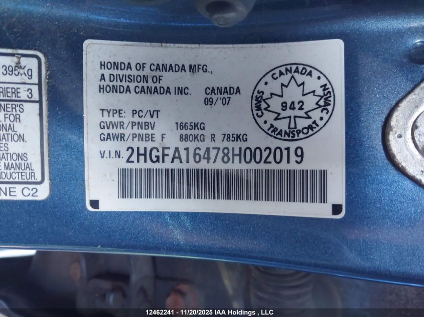 2008 Honda Civic Dx-G VIN: 2HGFA16478H002019 Lot: 12462241