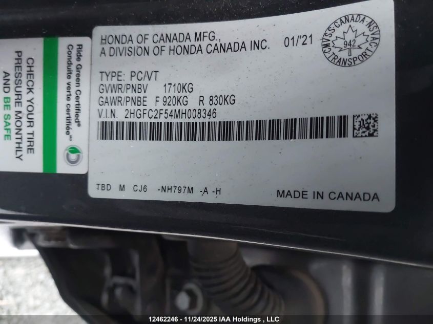 2021 Honda Civic Lx VIN: 2HGFC2F54MH008346 Lot: 12462246