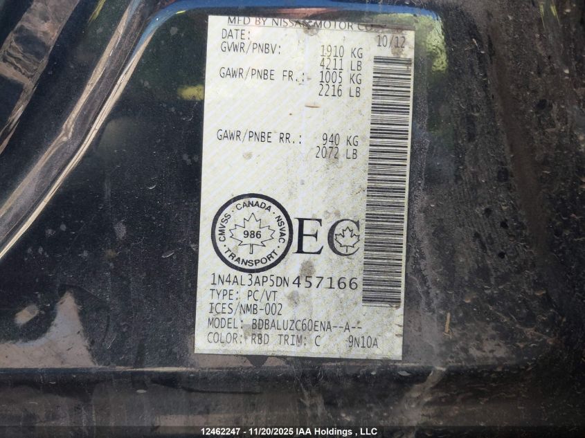 2013 Nissan Altima 2.5/2.5 S/2.5 Sl/2.5 Sv VIN: 1N4AL3AP5DN457166 Lot: 12462247