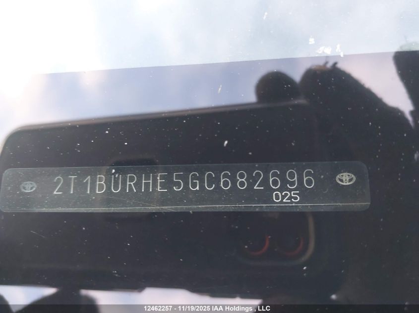 2016 Toyota Corolla Le VIN: 2T1BURHE5GC682696 Lot: 12462257