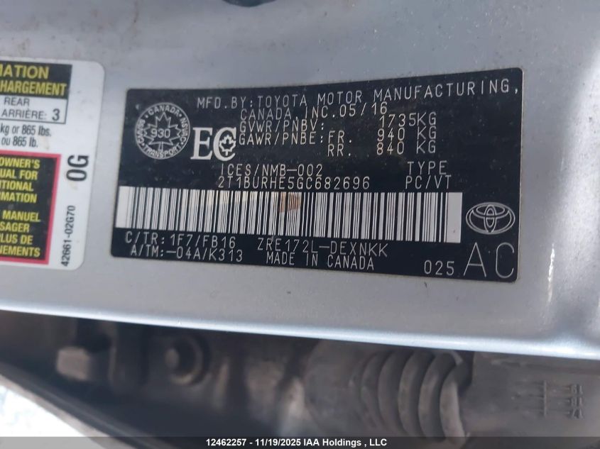 2016 Toyota Corolla Le VIN: 2T1BURHE5GC682696 Lot: 12462257