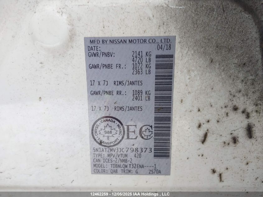 2018 Nissan Rogue Midnight Edition/S/Sl/Sl W/Propilot Assist/Sv VIN: 5N1AT2MV3JC798373 Lot: 12462259