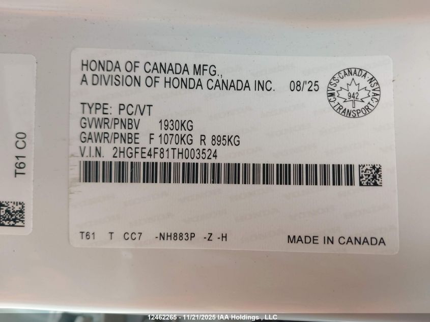 2026 Honda Civic Hybrid Sport/Sport Touring VIN: 2HGFE4F81TH003524 Lot: 12462265