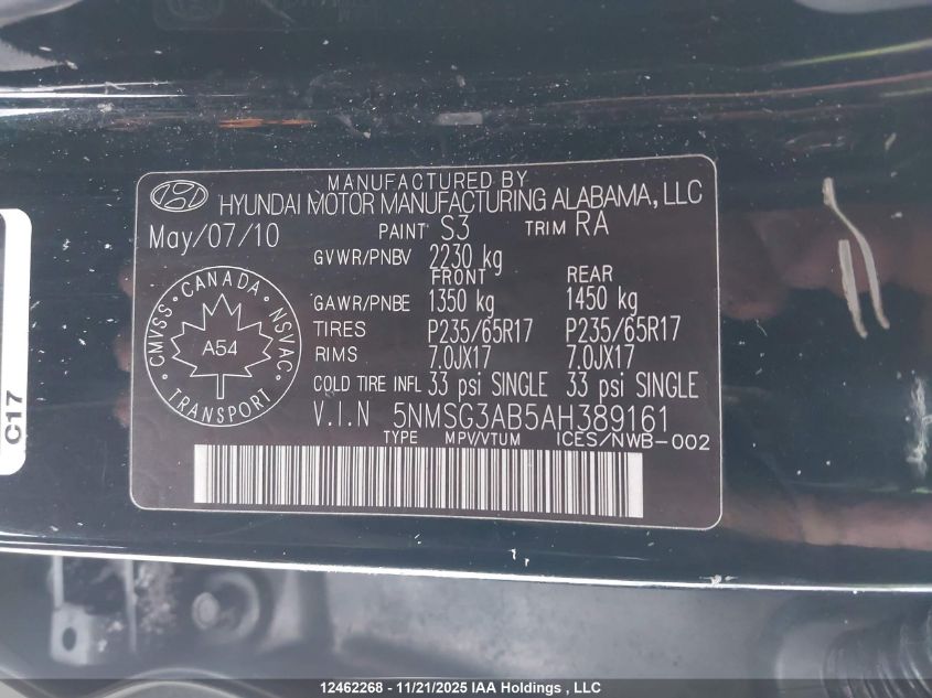 2010 Hyundai Santa Fe Gl 2.4 VIN: 5NMSG3AB5AH389161 Lot: 12462268