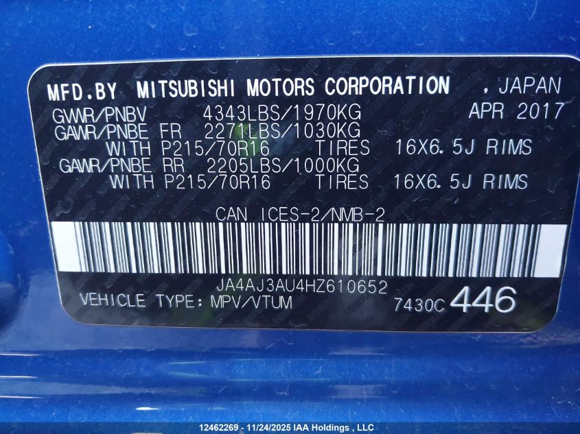 2017 Mitsubishi Rvr Se VIN: JA4AJ3AU4HZ610652 Lot: 12462269