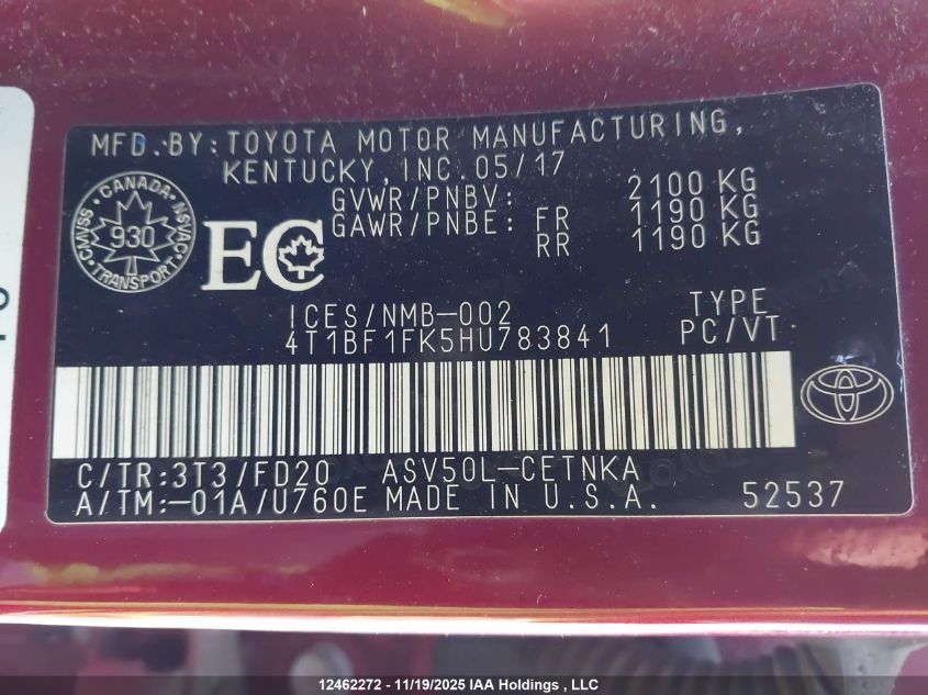 2017 Toyota Camry Le VIN: 4T1BF1FK5HU783841 Lot: 12462272