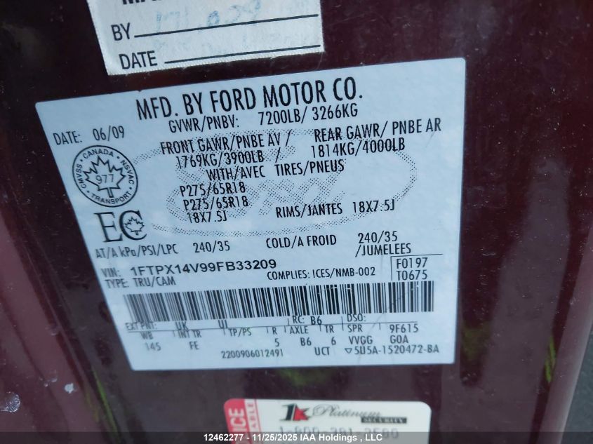 2009 Ford F-150 Lariat/Xl/Xlt VIN: 1FTPX14V99FB33209 Lot: 12462277