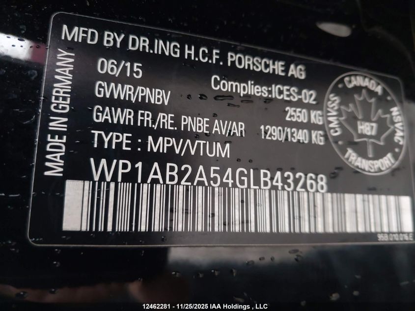 2016 Porsche Macan S VIN: WP1AB2A54GLB43268 Lot: 12462281